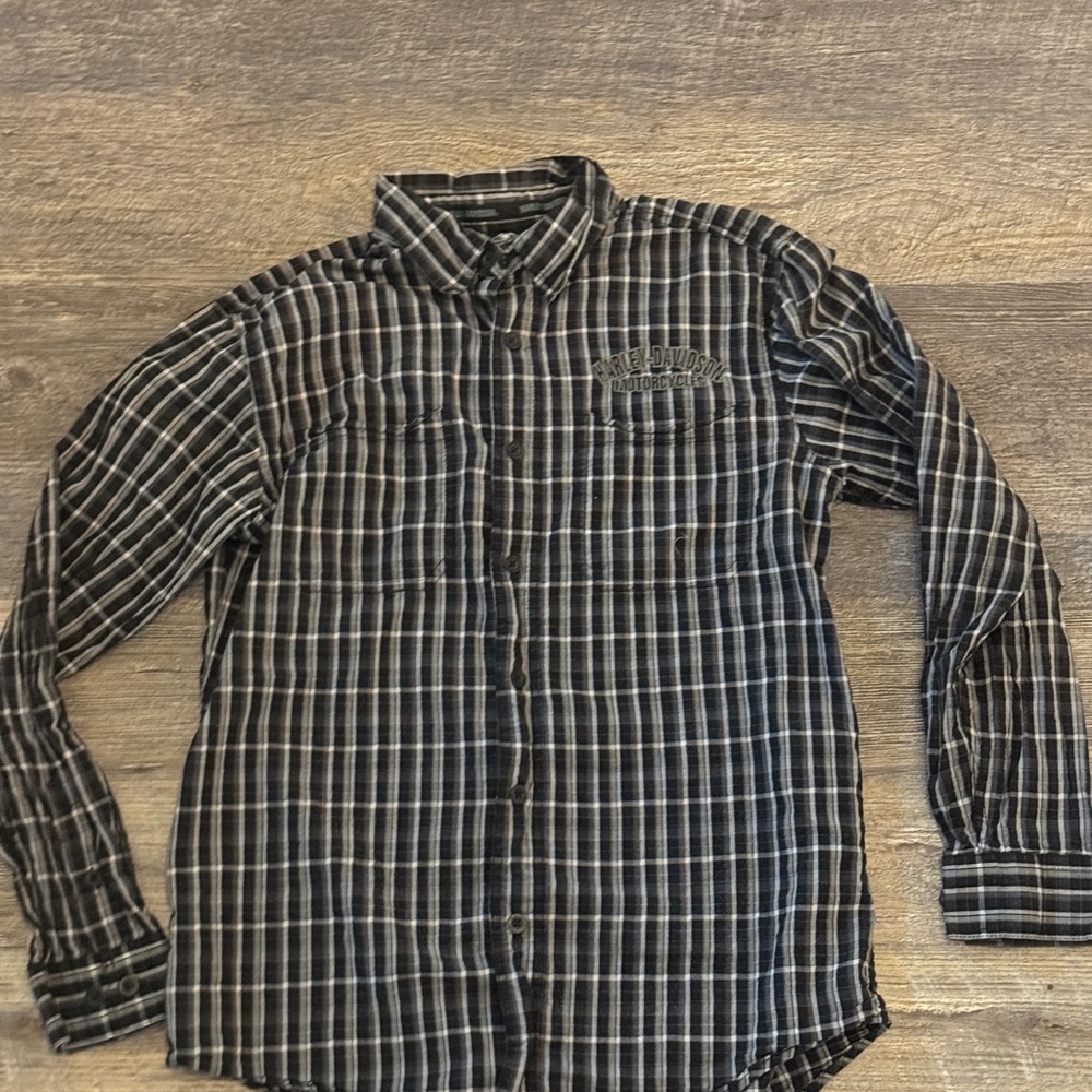 Harley Davidson Mens Black Gray Plaid Flames Embroidered Button Down Long Sleeve